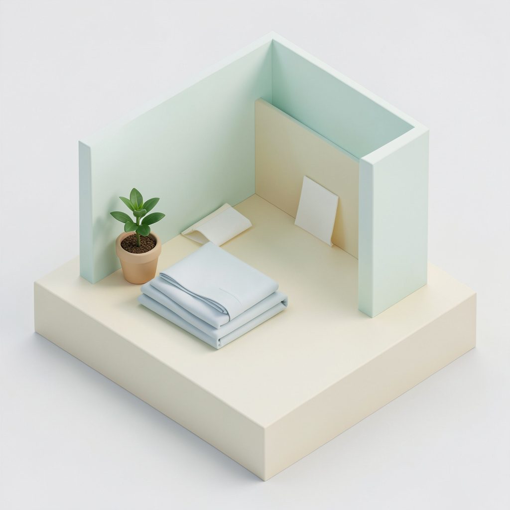 Soft isometric 3D render of a small changing station scene in pale mint and cream, with folded cloth, a wipes case, and a tiny plant in a warm beige pot
