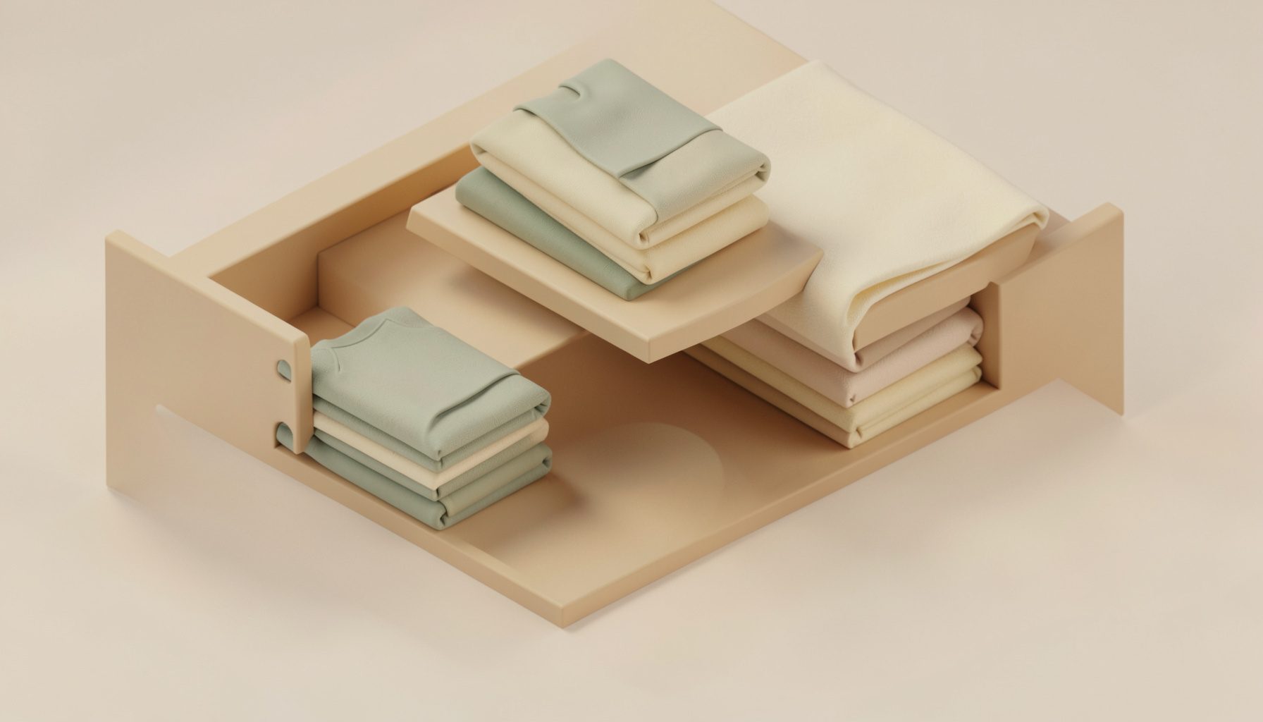 Soft isometric 3D render of a warm beige nursery shelf with neatly stacked folded baby items in muted sage and cream tones, lit with gentle warm light