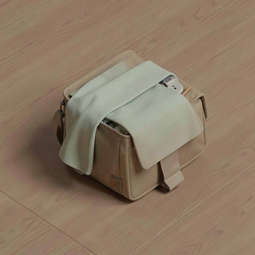 Isometric 3D illustration of a tan canvas diaper bag on a soft wooden surface, with a mint blanket and small accessories peeking out, in earthy brown and sage tones